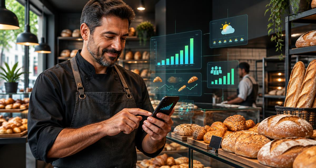 Dono de padaria analisando painel de vendas no celular ao lado do balcão