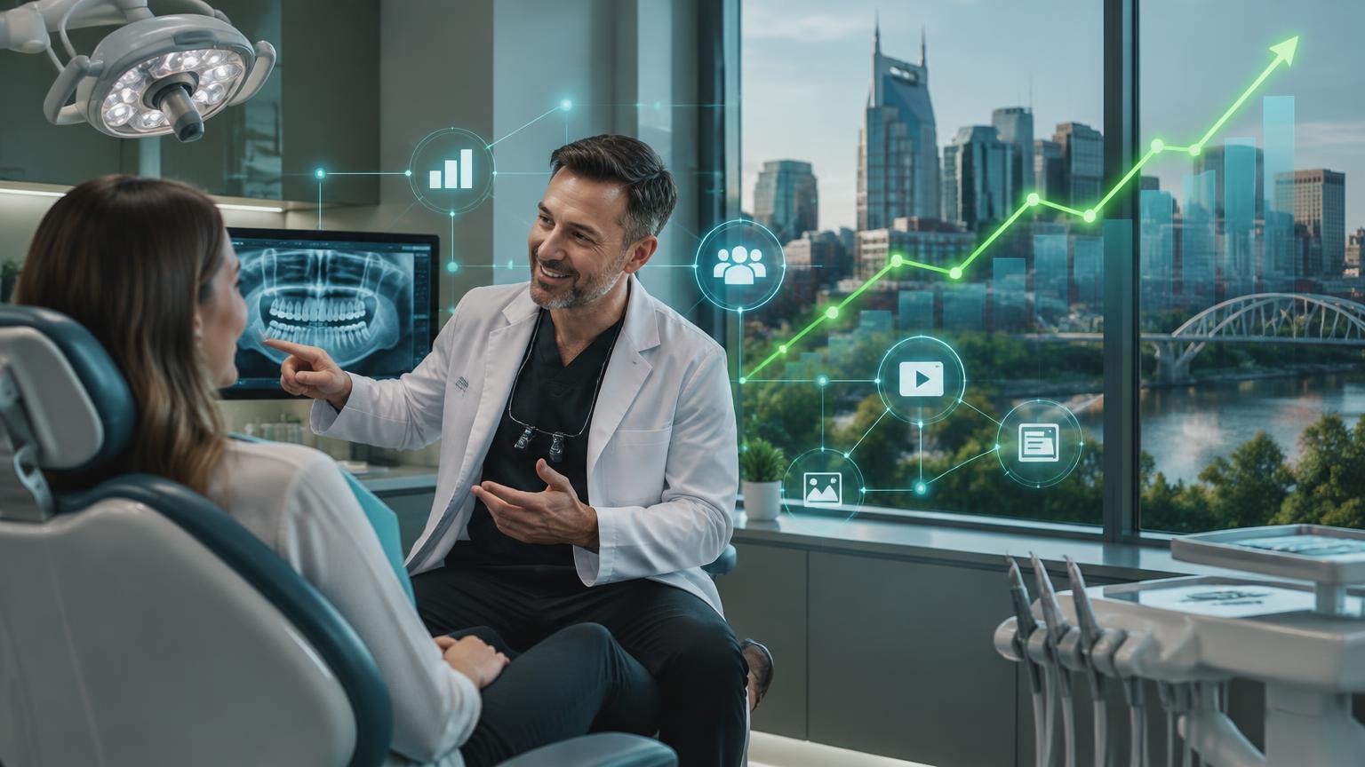 Clínica odontológica moderna em Nashville com gráfico representando crescimento de 800% no tráfego orgânico